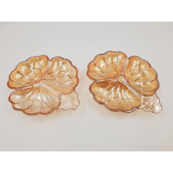 Jeannette Glass Marigold Iridescent Carnival Glass Doric Clover Leaf Candy Dish - Picture 1 of 8